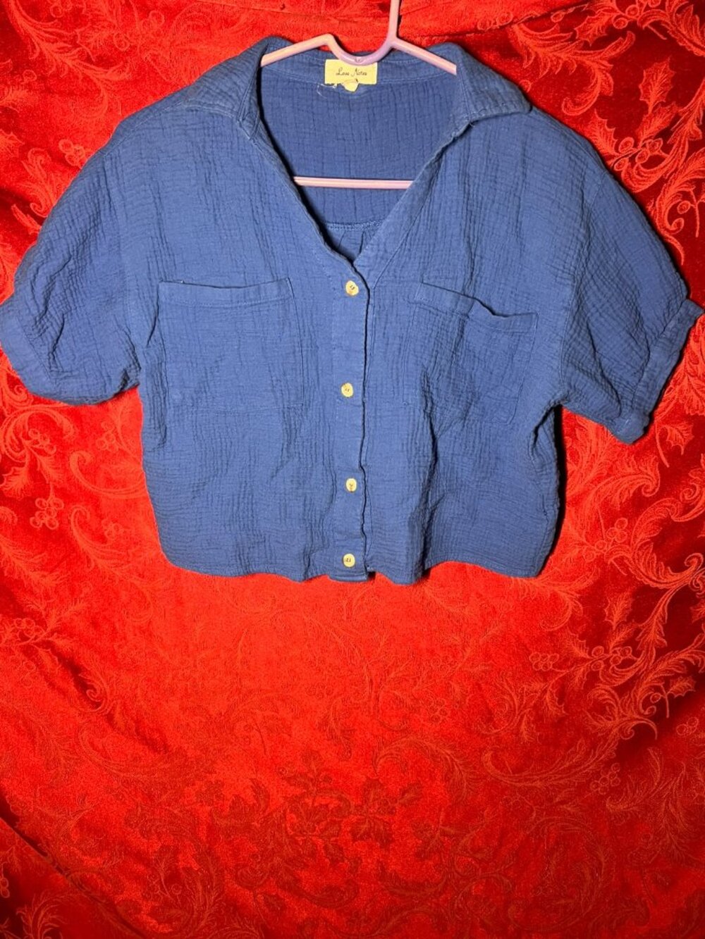 Love Notes Blue Short Sleeve Button Front Crop Top Blouse Size S